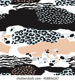 Abstract geometric seamless pattern with animal print. Trendy hand drawn textures. Modern abstract design for poster, cover, fabric and other users