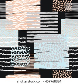 Abstract geometric seamless pattern with animal print. Trendy hand drawn textures. Modern abstract design for poster, cover, fabric and other users