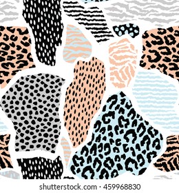 Abstract geometric seamless pattern with animal print. Trendy hand drawn textures. Modern abstract design for poster, cover, fabric and other users