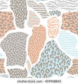 Abstract geometric seamless pattern with animal print. Trendy hand drawn textures. Modern abstract design for poster, cover, fabric and other users