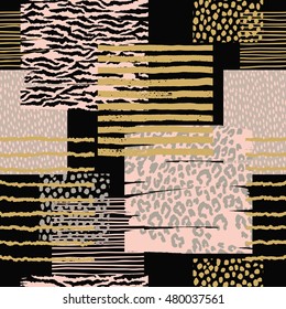 Abstract geometric seamless pattern with animal print. Trendy hand drawn textures. Modern abstract design for paper, cover, fabric, interior decor and other users