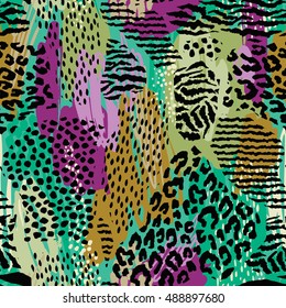 Abstract geometric seamless pattern with animal print. Trendy hand drawn textures.  Modern abstract design for paper, cover, fabric, interior decor and other users