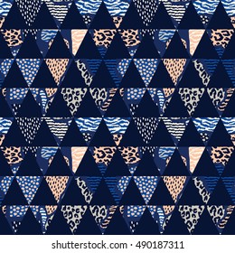 Abstract geometric seamless pattern with animal print. Trendy hand drawn textures. Modern abstract design for paper, cover, fabric, interior decor and other users