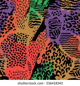 Abstract geometric seamless pattern with animal print. Trendy hand drawn textures. Modern abstract design for paper, cover, fabric, interior decor and other users