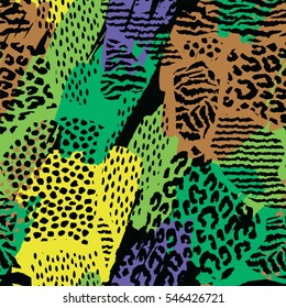 Abstract geometric seamless pattern with animal print. Trendy hand drawn textures. Modern abstract design for paper, cover, fabric, interior decor and other users