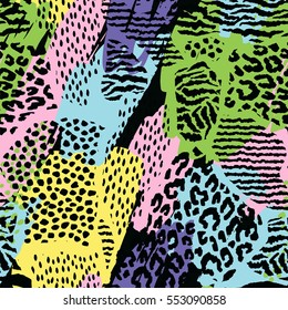 Abstract geometric seamless pattern with animal print. Trendy hand drawn textures. Modern abstract design for paper, cover, fabric, interior decor and other users.