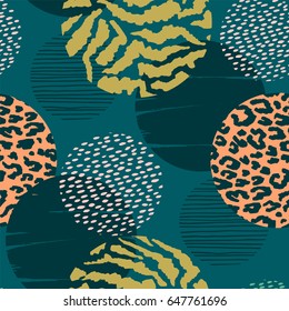 Abstract geometric seamless pattern with animal print and circles. Trendy hand drawn textures. Modern abstract design for paper, cover, fabric, interior decor and other users