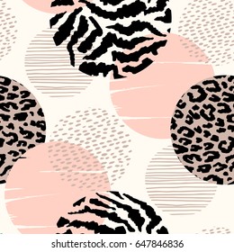 Abstract geometric seamless pattern with animal print and circles. Trendy hand drawn textures. Modern abstract design for paper, cover, fabric, interior decor and other users