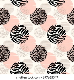 Abstract geometric seamless pattern with animal print and circles. Trendy hand drawn textures. Modern abstract design for paper, cover, fabric, interior decor and other users