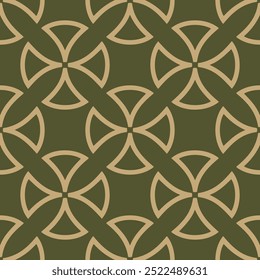 Abstract geometric seamless pattern. Antique vector ornament texture with curved shapes, rounded crosses, leafs. Elegant green and gold background in gothic style with medieval motifs. Repeated design