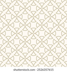 Abstract geometric seamless pattern. Antique vector ornament texture with curved shapes, rounded crosses, leafs. Elegant white and gold background in gothic style with medieval motifs. Repeated design