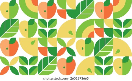 Abstract geometric seamless pattern with apples. Leaves and fruits. Set of icons in simple flat style. Elements isolated on a white background. Organic food. Vector illustration.