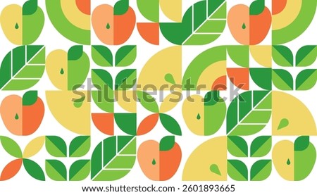 Abstract geometric seamless pattern with apples. Leaves and fruits. Set of icons in simple flat style. Elements isolated on a white background. Organic food. Vector illustration.