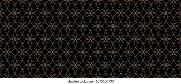 Abstract geometric seamless pattern in Arabian style. Golden lines texture, elegant floral lattice, mesh, grid. Oriental luxury background. Subtle black and gold ornament. Vector modern geo design