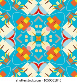 Abstract geometric seamless pattern, artistic composition. Colorful design for wallpaper, flyer, brochure cover. Colored geometric shapes, figures. Modern art background