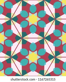 Abstract geometric seamless pattern, artistic composition. Colorful design for wallpaper, flyer, brochure cover. Trendy bright colors geometric shapes, figures. Modern art background