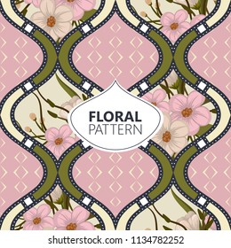 Abstract geometric seamless pattern or background with flowers. Poster, card, textile, wallpaper template.