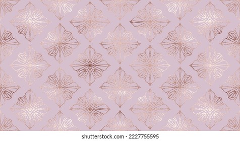 Abstract geometric seamless pattern background design with decorative rose gold rhombus tiles.