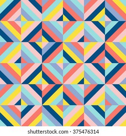 Abstract geometric seamless pattern background. Mosaic diamonds of colored stripes - buttercup, peach echo, rose quartz, limpet shell, serenity and snorkel blue.