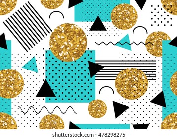Abstract geometric seamless pattern or background with gold glitter dots. Modern trendy fashion endless texture, backdrop. Stripes, dots, rectangles shapes.