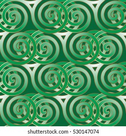 Abstract geometric seamless pattern background with green 3d spirals celtic symbols. Modern wallpaper. Elegant vector  texture.