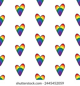 Abstract geometric seamless pattern. Beautiful pattern with hearts in colors 6 Color Pride Flag. Print for textile, wallpaper, covers, surface. For fashion fabric. LGBTQ symbols