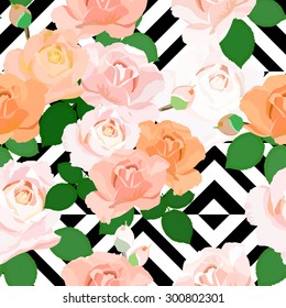 Abstract Geometric seamless pattern with beautiful roses. Vector illustration.