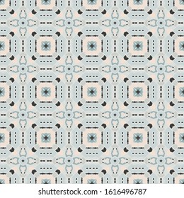 Abstract geometric seamless pattern in beige and blue. Textile printing, web design, wallpaper, border.
