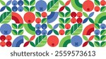 Abstract geometric seamless pattern with berries and leaves. Blueberries and cranberries. Modern botanical background. Set of icons in simple flat style. Eco, bio, organic food. Vector illustration.