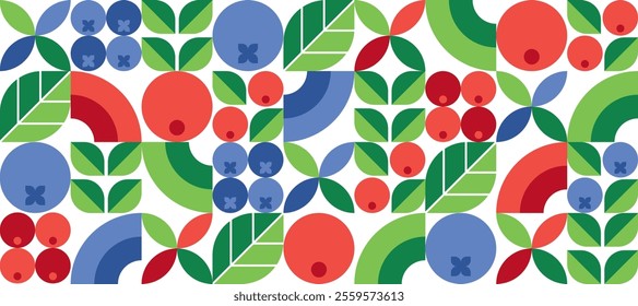 Abstract geometric seamless pattern with berries and leaves. Blueberries and cranberries. Modern botanical background. Set of icons in simple flat style. Eco, bio, organic food. Vector illustration.