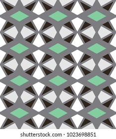 Abstract geometric seamless pattern of black and white shapes in vector on gray isolated with green rhombus background