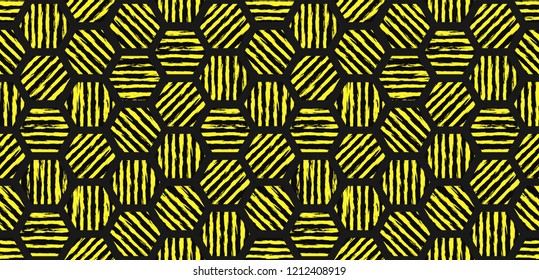 Abstract geometric seamless pattern Black and yellow hexagonal background with grunge stripes