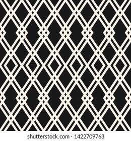 Abstract Geometric Seamless Pattern. Black And White Vector Background. Simple Ornament With Rhombuses, Diamond Shapes, Mesh, Grid. Elegant Monochrome Graphic Texture. Repeat Design For Decor, Fabric