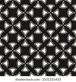 Abstract geometric seamless pattern. Black and white vector ornament texture with curved shapes, rounded crosses, tiles. Simple background in gothic style with medieval motifs. Repeated dark design