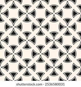 Abstraktes geometrisches nahtloses Muster. Schwarz-weiße Vektor-Ornament-Textur mit gekrümmten Formen, abgerundeten Kreuzen, Fliesen. Einfacher Hintergrund im gotischen Stil mit mittelalterlichen Motiven. Wiederholtes Geo-Design