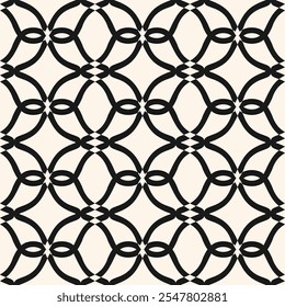 Abstract geometric seamless pattern. Black and white vector ornament background. Simple elegant texture with grid, lattice, diamond shapes, curved lines. Oriental style pattern. Repeating geo design