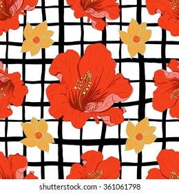 Abstract geometric seamless pattern with black strips and isolated red, yellow flowers. Vector illustration.