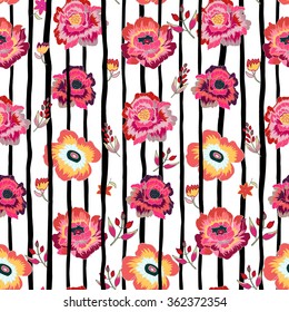 Abstract geometric seamless pattern with black strips and isolated red flowers. Vector illustration.