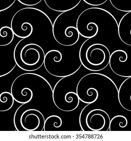 Abstract geometric seamless pattern with black-and-white spirals, lines, tapes, points. Vector endless pattern for creating card, web page background, wallpaper and textile.