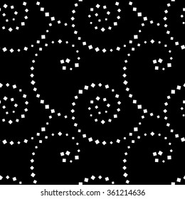 Abstract geometric seamless pattern with black-and-white rhombuses and squares in spirals, lines, tapes. Vector endless pattern for creating card, web page background, wallpaper and textile.