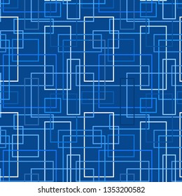 Abstract geometric seamless pattern in blue tones. Technological backdrop of the contours of rectangles on a blue background. Vector illustration