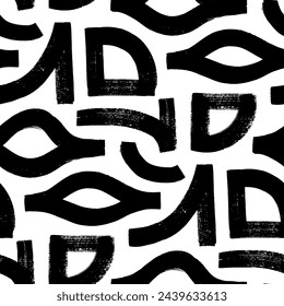 Abstract geometric seamless pattern with bold brush strokes and basic shapes. Curved lines, labyrinth motif background. Geometrical shapes seamless pattern. Modern brutal style wallpaper.
