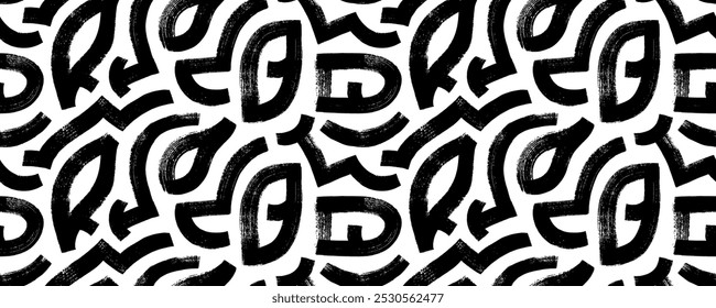 Abstract geometric seamless pattern with bold lines and brush drawn shapes. Hand drawn geometric figures seamless background. Grunge graphic style background with doodle shapes and thick lines.