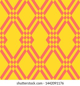 Abstract geometric seamless pattern. Bright colorful vector background. Simple yellow and coral ornament with diamond grid, rhombuses, lines, mesh, lattice. Modern repeat texture. Summer style design 