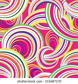 Abstract geometric seamless pattern. Bubble ornamental background. Circles. Wave striped loops Chaotic flow motion texture. Multicolor round shape wallpaper