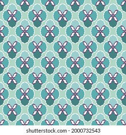 Abstract geometric seamless pattern of calm green and purple colors. Vintage gift wrapping paper, wallpaper, backdrop ornament