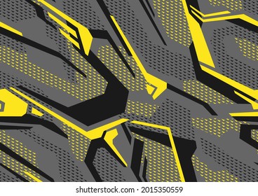 Resumen de camuflaje de patrones geométricos sin costura con formas poligonales. Moderno ornamento digital de textura de camo para la impresión de vinilo de carreras. Fondo vectorial.