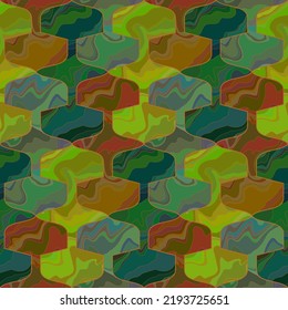 Abstract geometric seamless pattern. Camouflage design. Dark green, lime green, blue, red colorful textured shapes