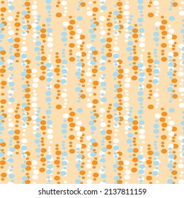 Abstract geometric seamless pattern. Chains of small orange, blue, white bubbles raising up, on beige background. Grunge texture