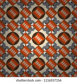 Abstract geometric seamless pattern with circles, lines and rhombuses in red, pink and brown colors.